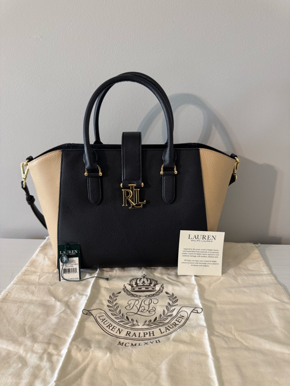 Lauren Ralph Lauren Black and Beige Pebbled Leather Satchel with Gold RL Accent